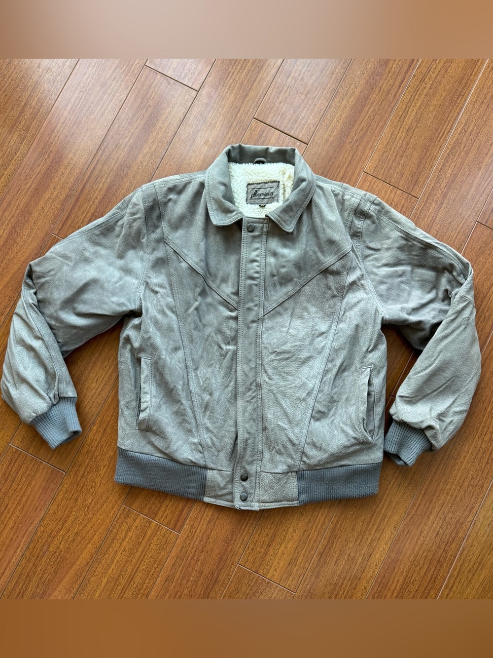 Men's Vintage Aberdeen Suede Leather Bomber Jacket Grey Sherpa 42/Large